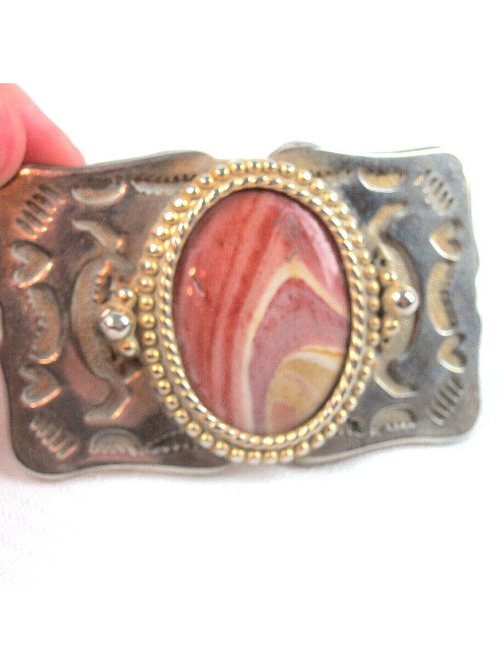 Vintage Belt Buckle Pink Agate Stone Oval Etched Silver & Gold Tone Metal